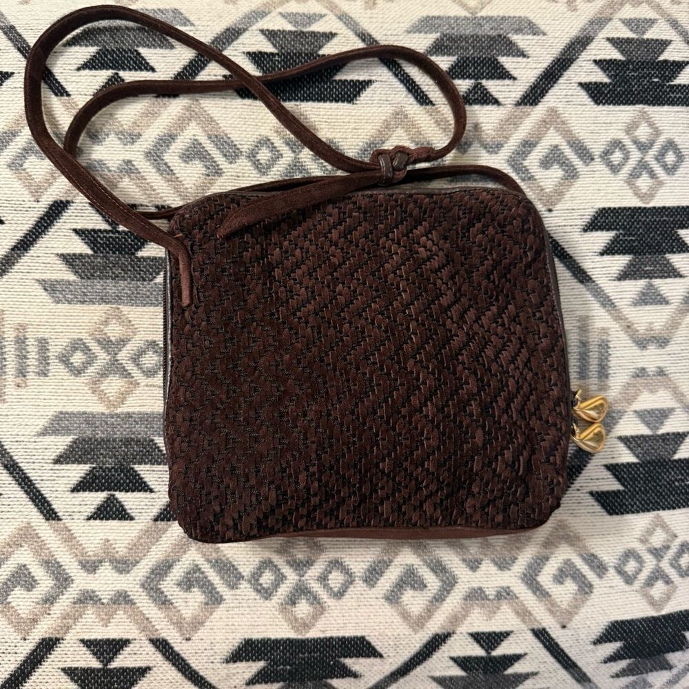Sharif Vintage Brown Woven Suede and Gold Bag